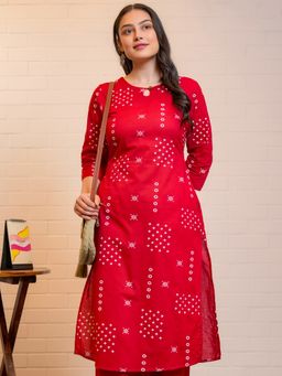 ARAMYA - Women Red Cotton Printed Kurta