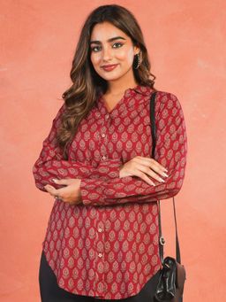 ARAMYA - Women Maroon Cotton Abstract Shirt