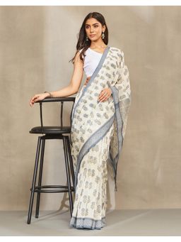 Fabindia - Women Blue Cotton Silk Blend Hand Block Print Saree without Blouse