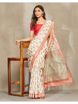 Fabindia - Women Pink Cotton Silk Blend Hand Block Print Saree without Blouse