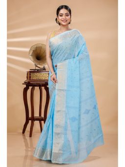 DipDiya - Women Purvi Sky Blue Pure Cotton Bengali Woven Tant Saree without Blouse
