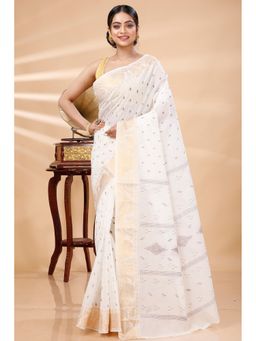 DipDiya - Women Purvi White Pure Cotton Bengali Woven Tant Saree without Blouse