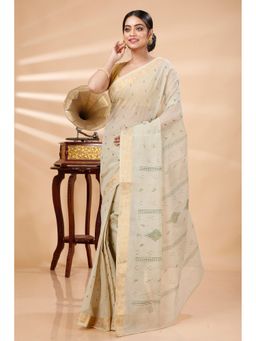 DipDiya - Women Porna Cream Pure Cotton Bengali Woven Tant Saree without Blouse