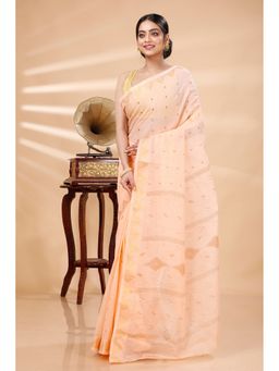 DipDiya - Women Porna Peach Pure Cotton Bengali Woven Tant Saree without Blouse