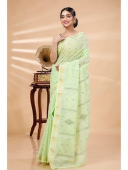 DipDiya - Women Luvya Green Pure Cotton Bengali Woven Tant Saree without Blouse