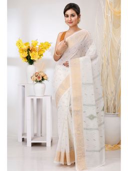 DipDiya - Women Levi Green Pure Cotton Bengali Woven Tant Saree without Blouse