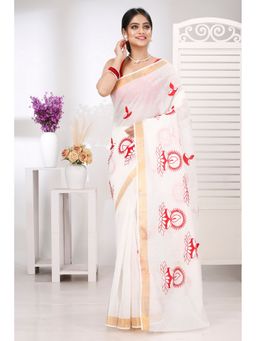 DipDiya - Women Leo White Pure Cotton Bengali Embroidery Tant Saree without Blouse