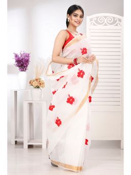 DipDiya - Women Leo White Pure Cotton Bengali Embroidery Tant Saree without Blouse