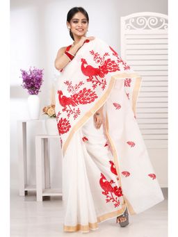 DipDiya - Women Leo White Pure Cotton Bengali Embroidery Tant Saree without Blouse