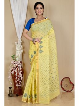 DipDiya - Women Luvya Yellow Pure Cotton Bengali Woven Tant Saree without Blouse