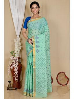 DipDiya - Women Luvya Green Pure Cotton Bengali Woven Tant Saree without Blouse