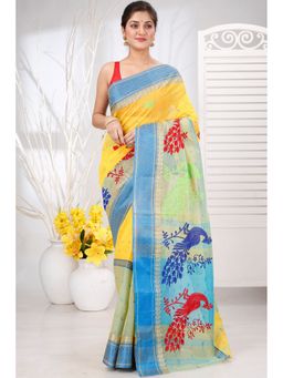DipDiya - Women Ganga Moyur Yellow Pure Cotton Traditional Bengali Saree without Blouse