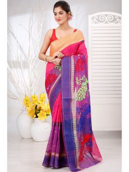 DipDiya - Women Ganga Moyur Pink Pure Cotton Traditional Bengali Saree without Blouse