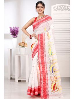 DipDiya - Women Boysko Ghot Red Pure Cotton Traditional Bengali Saree without Blouse