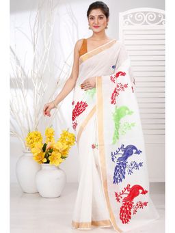 DipDiya - Women Leo White Pure Cotton Bengali Embroidery Tant Saree without Blouse