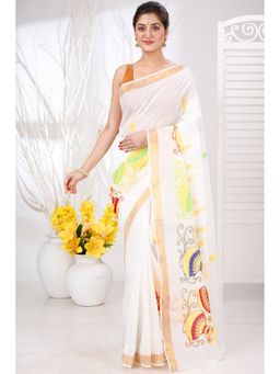 DipDiya - Women Leo White Pure Cotton Bengali Embroidery Tant Saree without Blouse