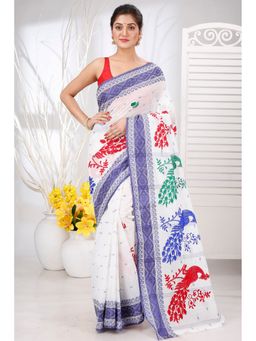 DipDiya - Women Boysko Moyur Blue Pure Cotton Traditional Bengali Saree without Blouse