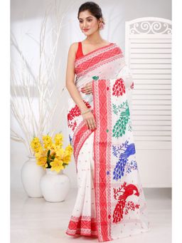 DipDiya - Women Boysko Moyur Red Pure Cotton Traditional Bengali Saree without Blouse