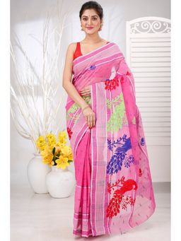 DipDiya - Women Debdash Moyur Pink Pure Cotton Traditional Bengali Saree without Blouse