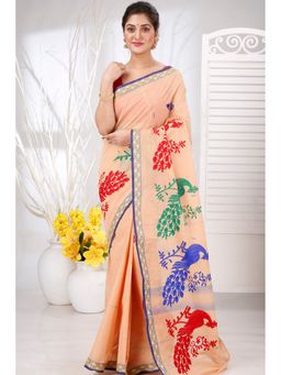 DipDiya - Women Gaela Moyur Dark Cream Pure Cotton Traditional Bengali Saree without Blouse