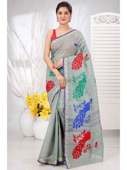 DipDiya - Women Gaela Moyur Light Grey Pure Cotton Traditional Bengali Saree without Blouse
