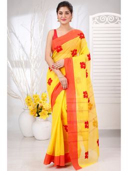 DipDiya - Women Elu Joba Yellow Red Pure Cotton Traditional Bengali Saree without Blouse