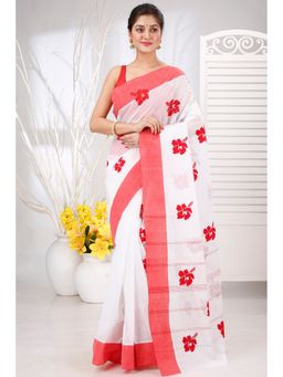 DipDiya - Women Elu Joba White Red Pure Cotton Traditional Bengali Saree without Blouse