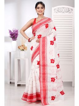 DipDiya - Women Boysko Jova Red Pure Cotton Traditional Bengali Saree without Blouse