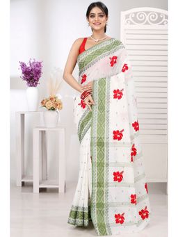 DipDiya - Women Boysko Jova Green Pure Cotton Traditional Bengali Saree without Blouse