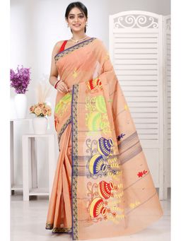 DipDiya - Women Gaela Ghot Dark Cream Pure Cotton Traditional Bengali Saree without Blouse