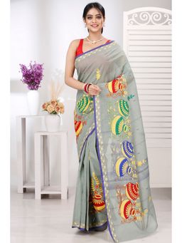 DipDiya - Women Gaela Ghot Light Grey Pure Cotton Traditional Bengali Saree without Blouse