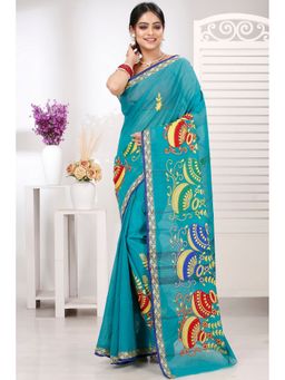 DipDiya - Women Gaela Ghot Teal Pure Cotton Traditional Bengali Saree without Blouse