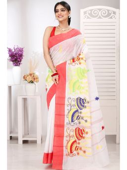 DipDiya - Women Elu Ghot White Pure Cotton Traditional Bengali Saree without Blouse