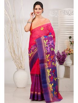 DipDiya - Women Ganga Bok Pink Pure Cotton Traditional Bengali Saree without Blouse