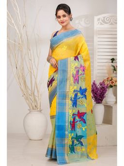 DipDiya - Women Ganga Bok Light Yellow Pure Cotton Traditional Bengali Saree without Blouse