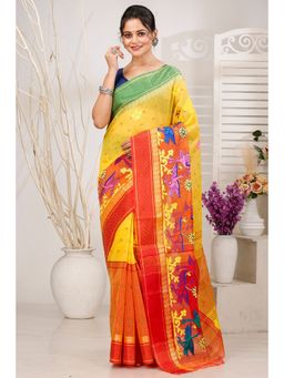 DipDiya - Women Ganga Bok Yellow Pure Cotton Traditional Bengali Saree without Blouse