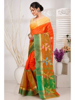 DipDiya - Women Ganga Pata Orange Pure Cotton Traditional Bengali Saree without Blouse