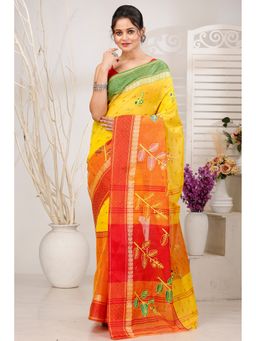 DipDiya - Women Ganga Pata Yellow Pure Cotton Traditional Bengali Saree without Blouse