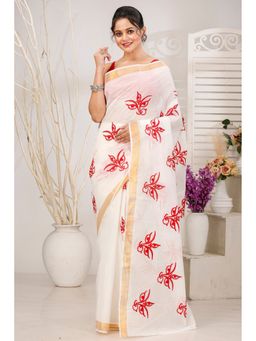 DipDiya - Women Leoto White Pure Cotton Traditional Bengali Saree without Blouse