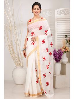 DipDiya - Women Leoto White Pure Cotton Traditional Bengali Saree without Blouse