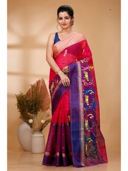 DipDiya - Women Ganga Agri Red Pure Cotton Traditional Bengali Saree without Blouse