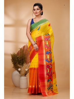 DipDiya - Women Ganga Agri Yellow Pure Cotton Traditional Bengali Saree without Blouse
