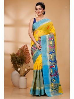 DipDiya - Women Ganga Agri Light Yellow Pure Cotton Traditional Bengali Saree without Blouse