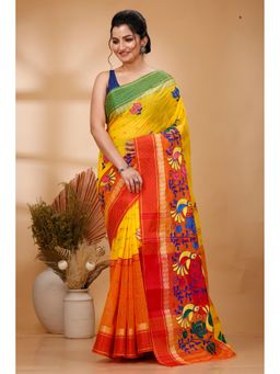 DipDiya - Women Ganga Sib Yellow Red Pure Cotton Traditional Bengali Saree without Blouse