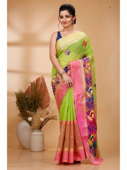 DipDiya - Women Ganga Sib Light Green Pure Cotton Traditional Bengali Saree without Blouse