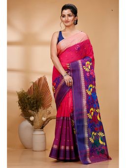 DipDiya - Women Ganga Sib Pink Pure Cotton Traditional Bengali Saree without Blouse