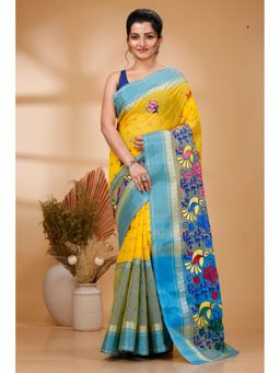 DipDiya - Women Ganga Sib Light Yellow Pure Cotton Traditional Bengali Saree without Blouse