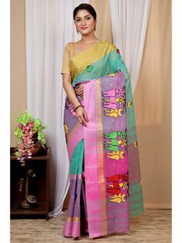 DipDiya - Women Ganga Indra Green Pure Cotton Traditional Bengali Saree without Blouse