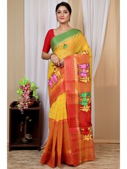 DipDiya - Women Ganga Indra Yellow Pure Cotton Traditional Bengali Saree without Blouse
