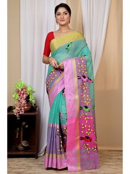 DipDiya - Women Ganga Chari See Green Pure Cotton Traditional Bengali Saree without Blouse